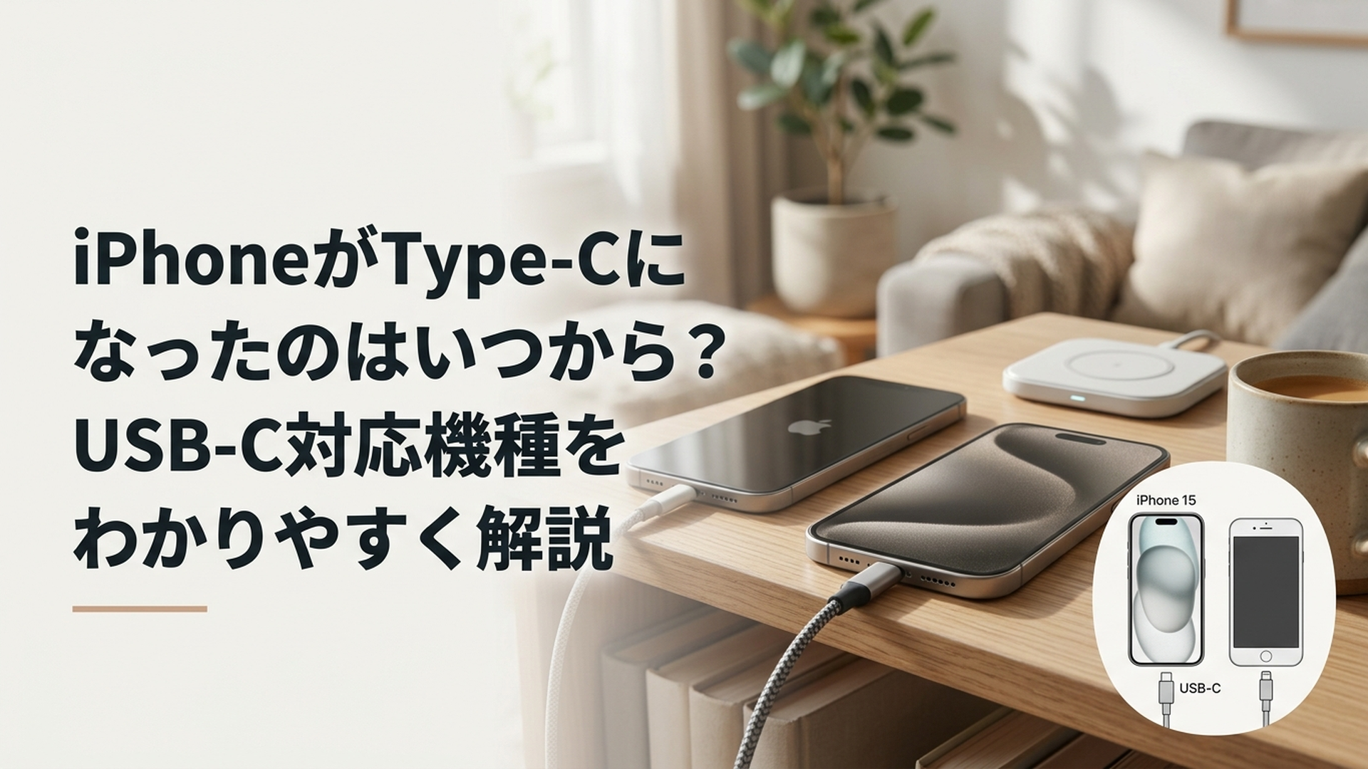 iPhone 15以降のUSB-C端子とLightning端子のiPhoneを比較するイメージ