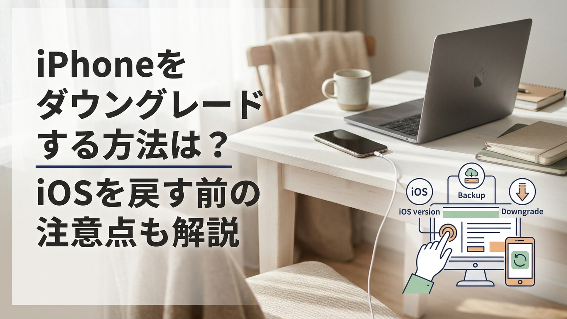 MacやWindowsパソコンとiPhoneを接続してiOSのダウングレード条件と復元方法を確認している様子