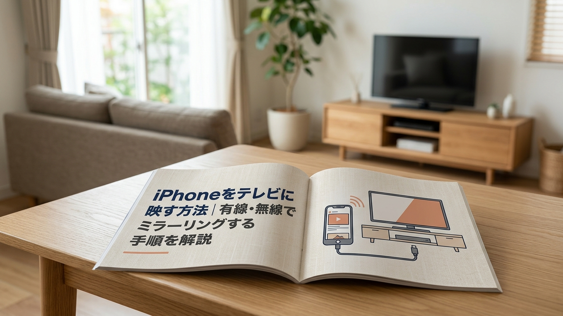 iPhoneの画面をリビングの大型テレビへ有線と無線で映している様子
