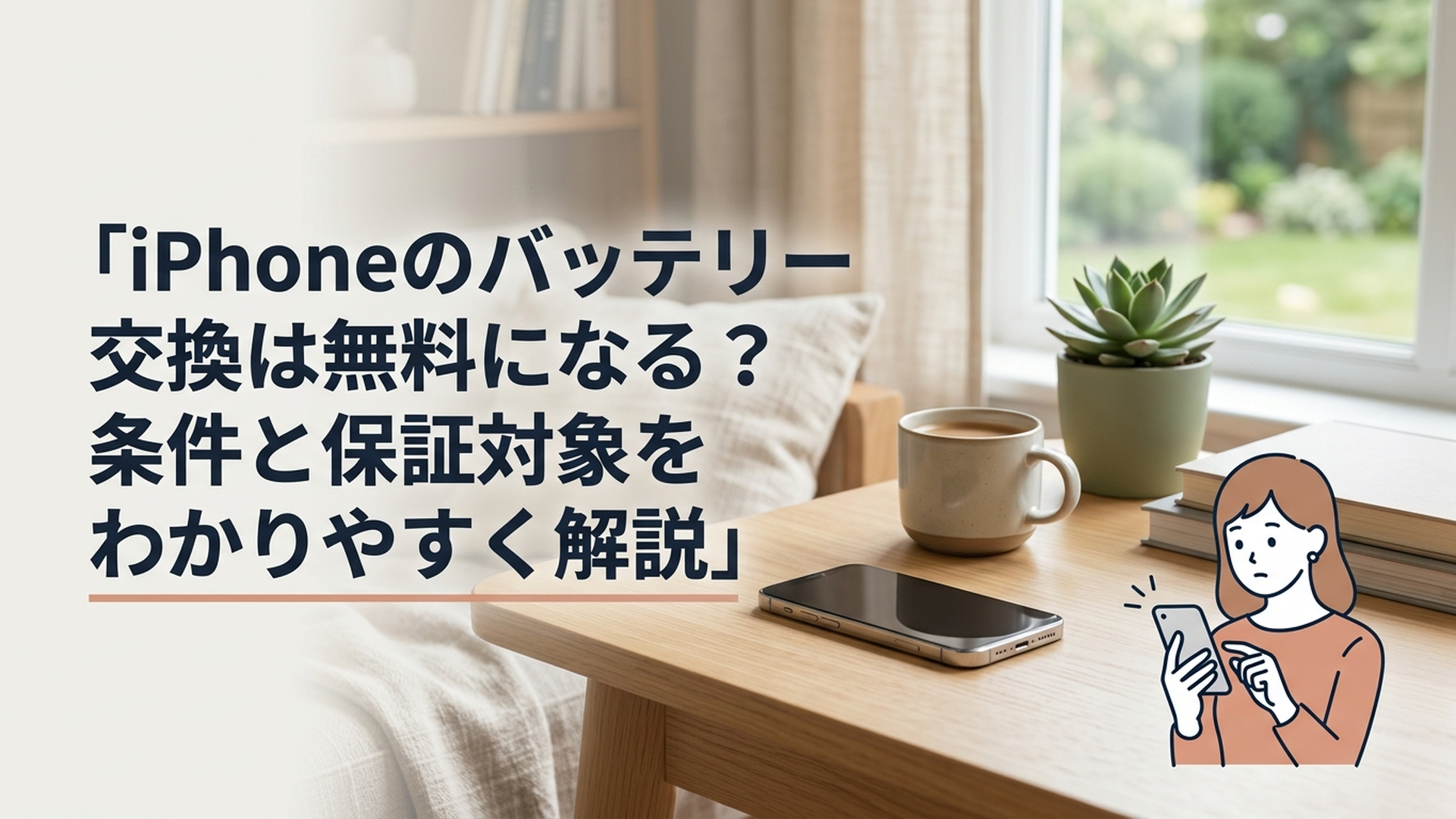 iPhoneのバッテリー交換が無料になる条件を確認する女性