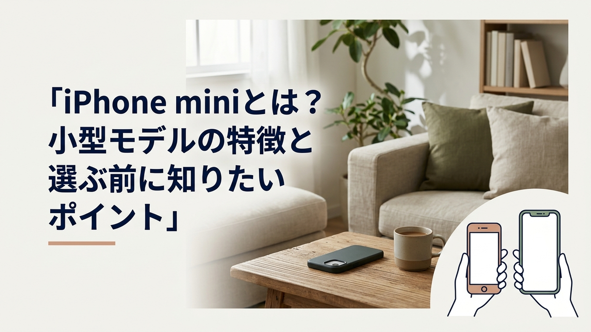片手に収まるコンパクトなiPhone miniと一般的な大画面スマートフォンを並べてサイズ感を比較するイメージ