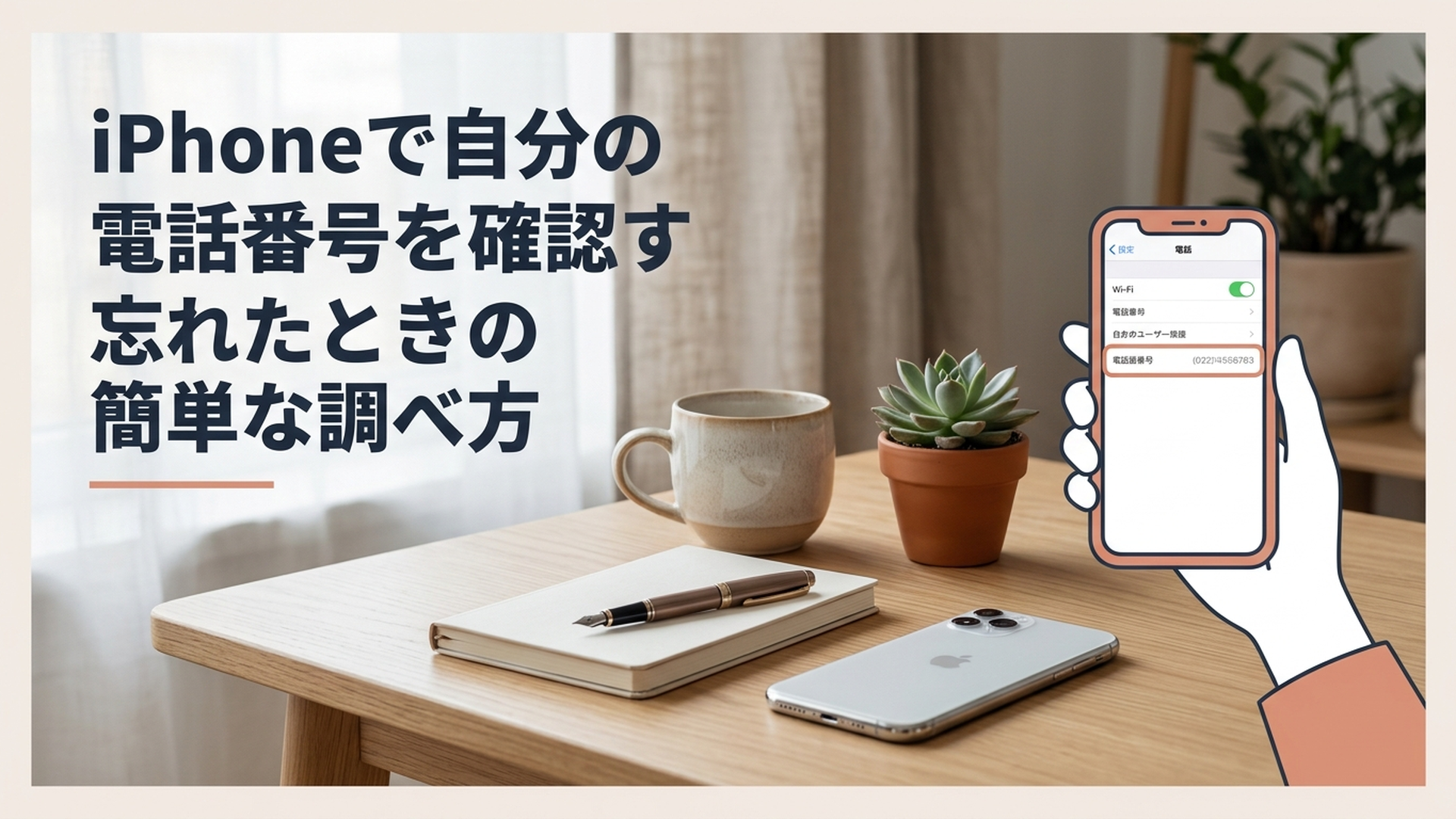 iPhoneの設定画面を見ながら自分の電話番号を確認している様子