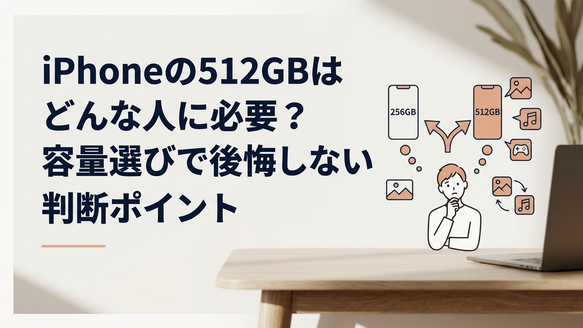 iPhoneの256GBと512GBを比較しながら自分に必要なストレージ容量を考えているイメージ