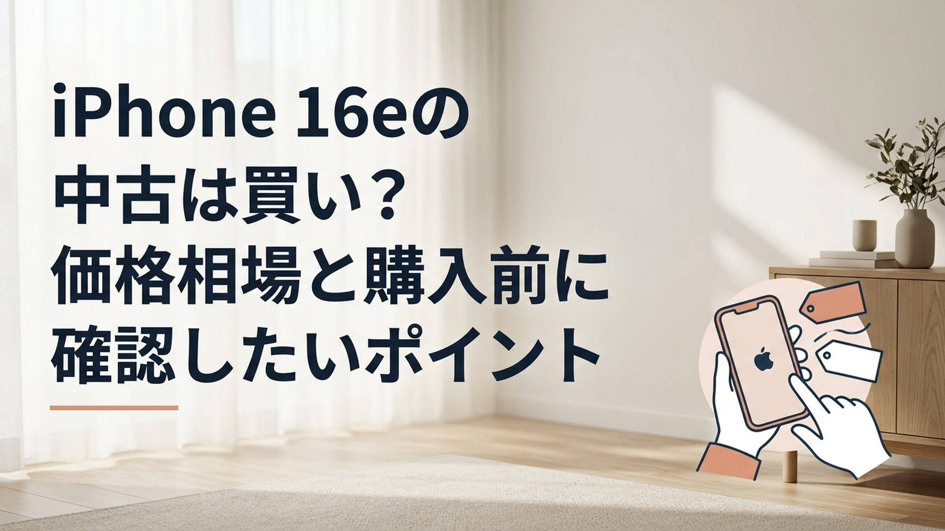 中古のiPhone 16eと価格札を見ながら購入を検討している様子