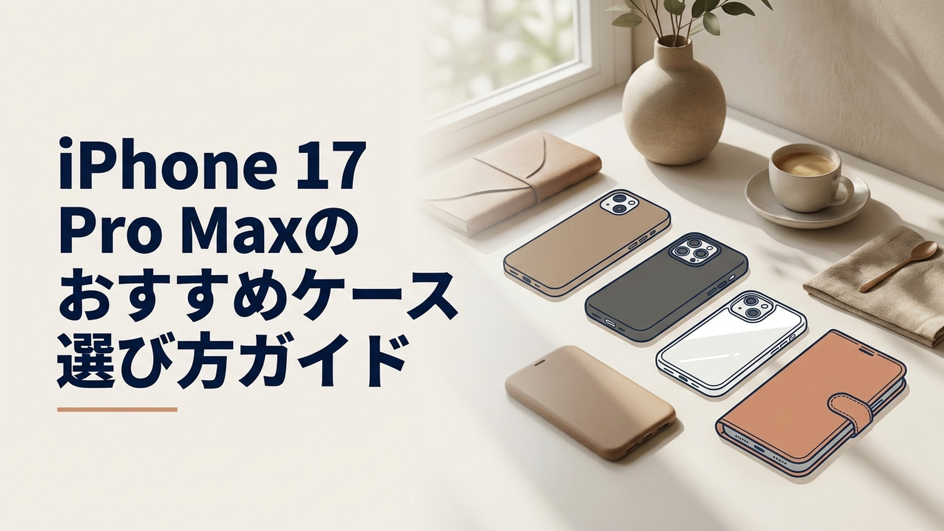 iPhone 17 Pro Maxと薄型・耐衝撃・クリア・手帳型など複数タイプのスマホケースを並べて比較しているイメージ
