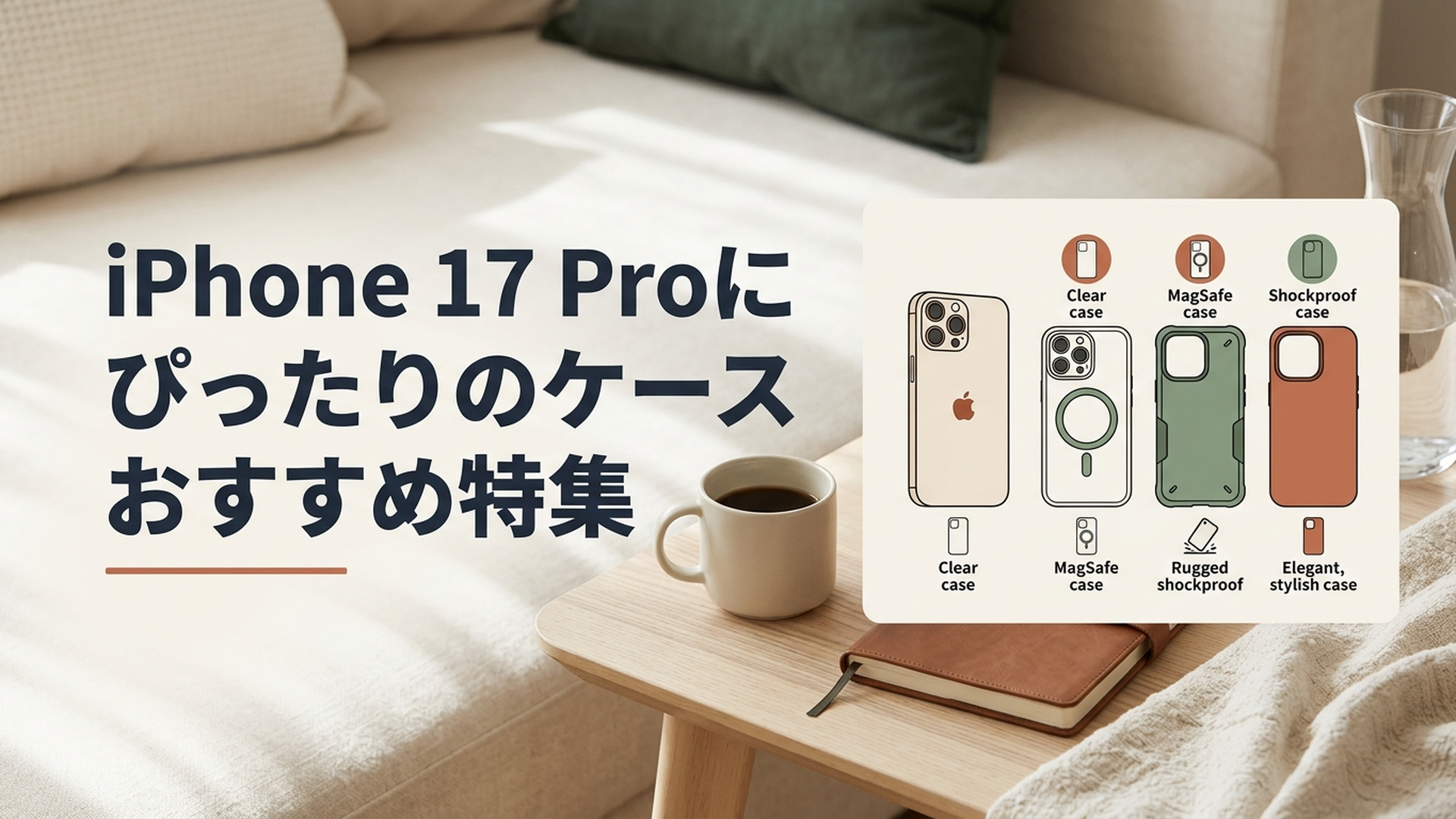 iPhone 17 Proとクリアケース・MagSafeケース・耐衝撃ケース・おしゃれなケースを並べて比較している様子