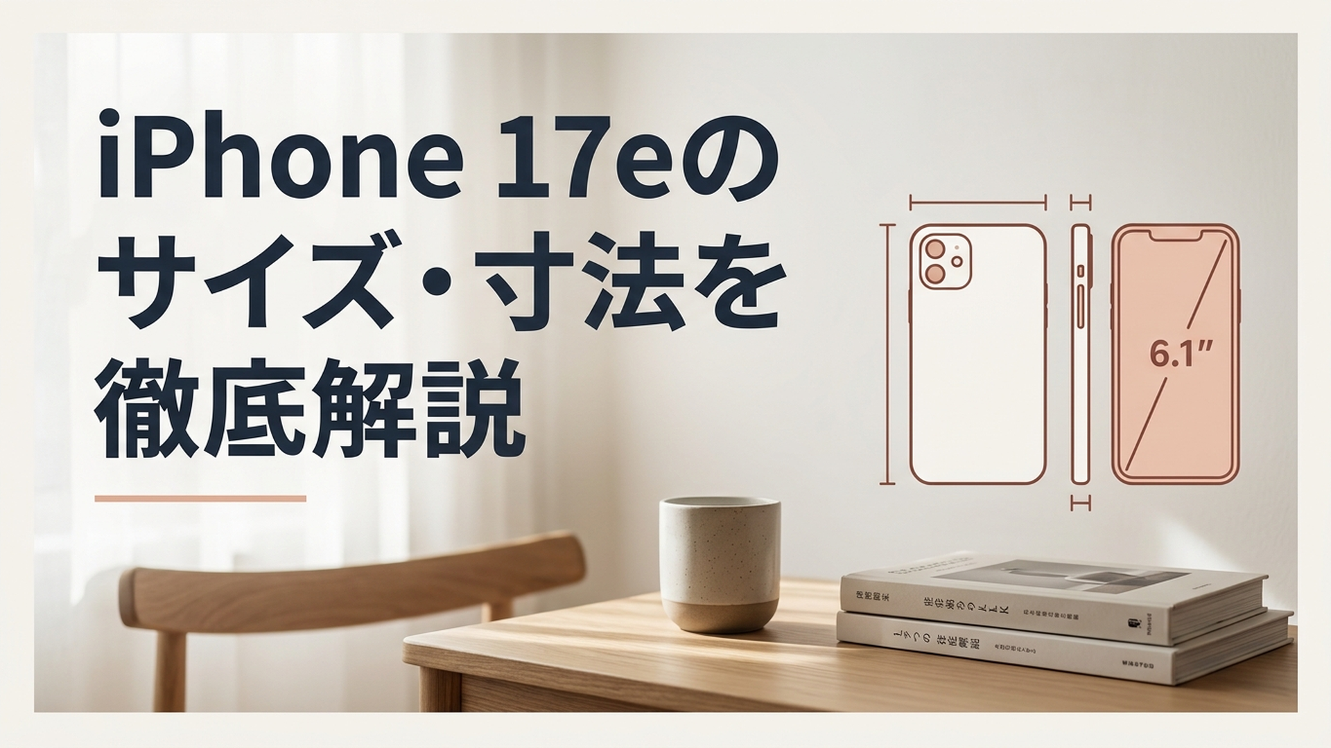 iPhone 17eの幅・高さ・厚さと6.1インチ画面のサイズ感が分かるイメージ