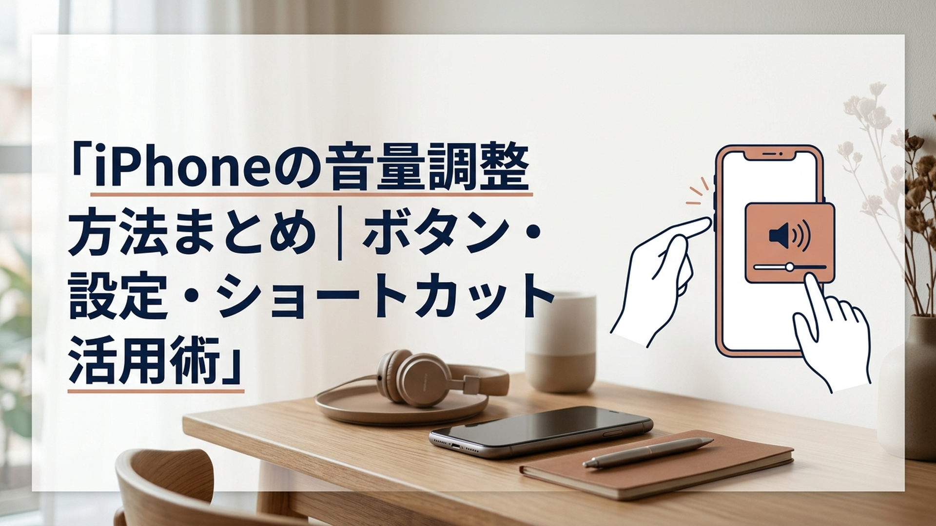 iPhoneの音量ボタンと画面上の音量スライダーを使って音量を調整している様子