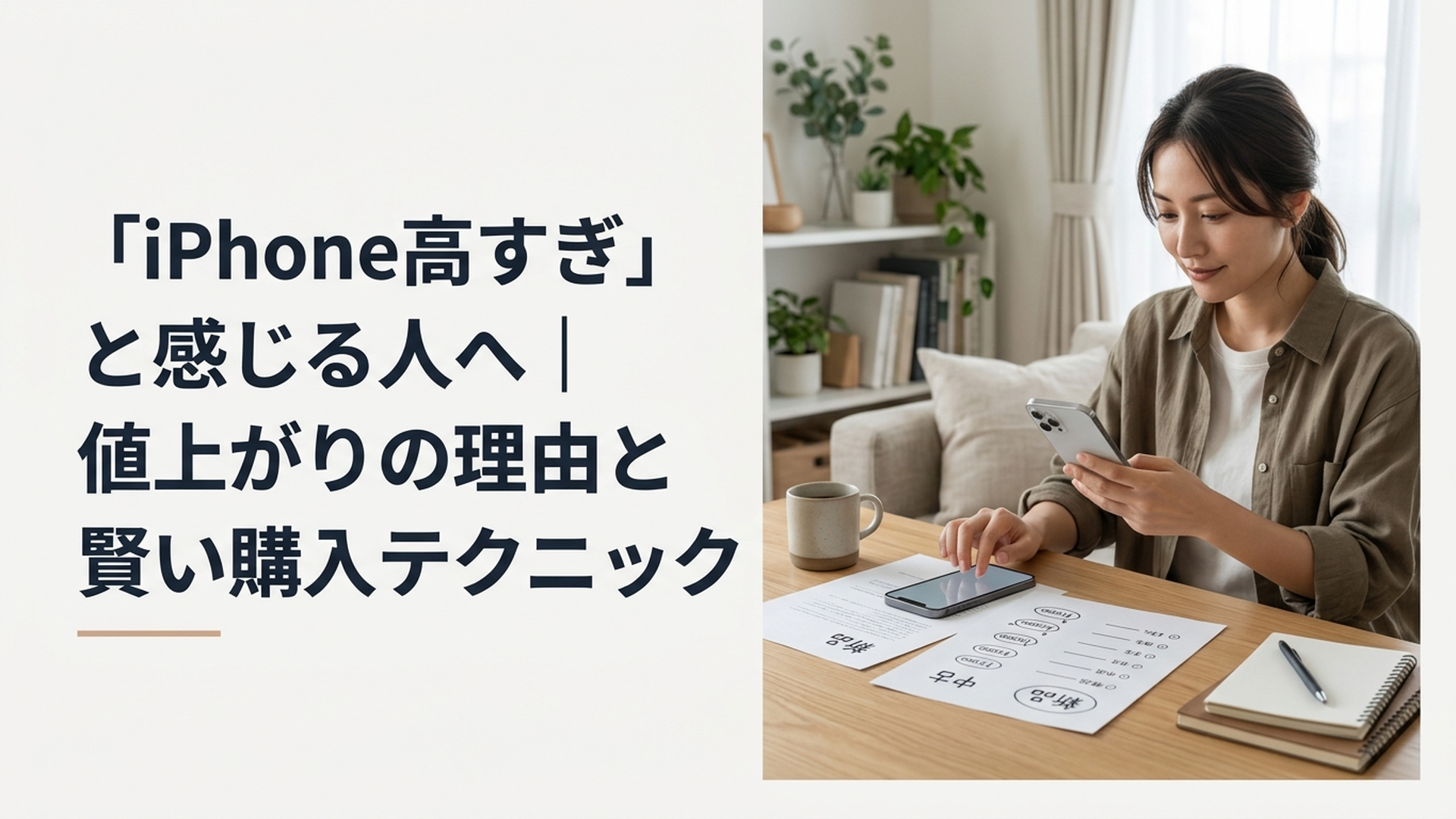 高額になったiPhoneの価格を見ながら新品や中古などの購入方法を比較する女性