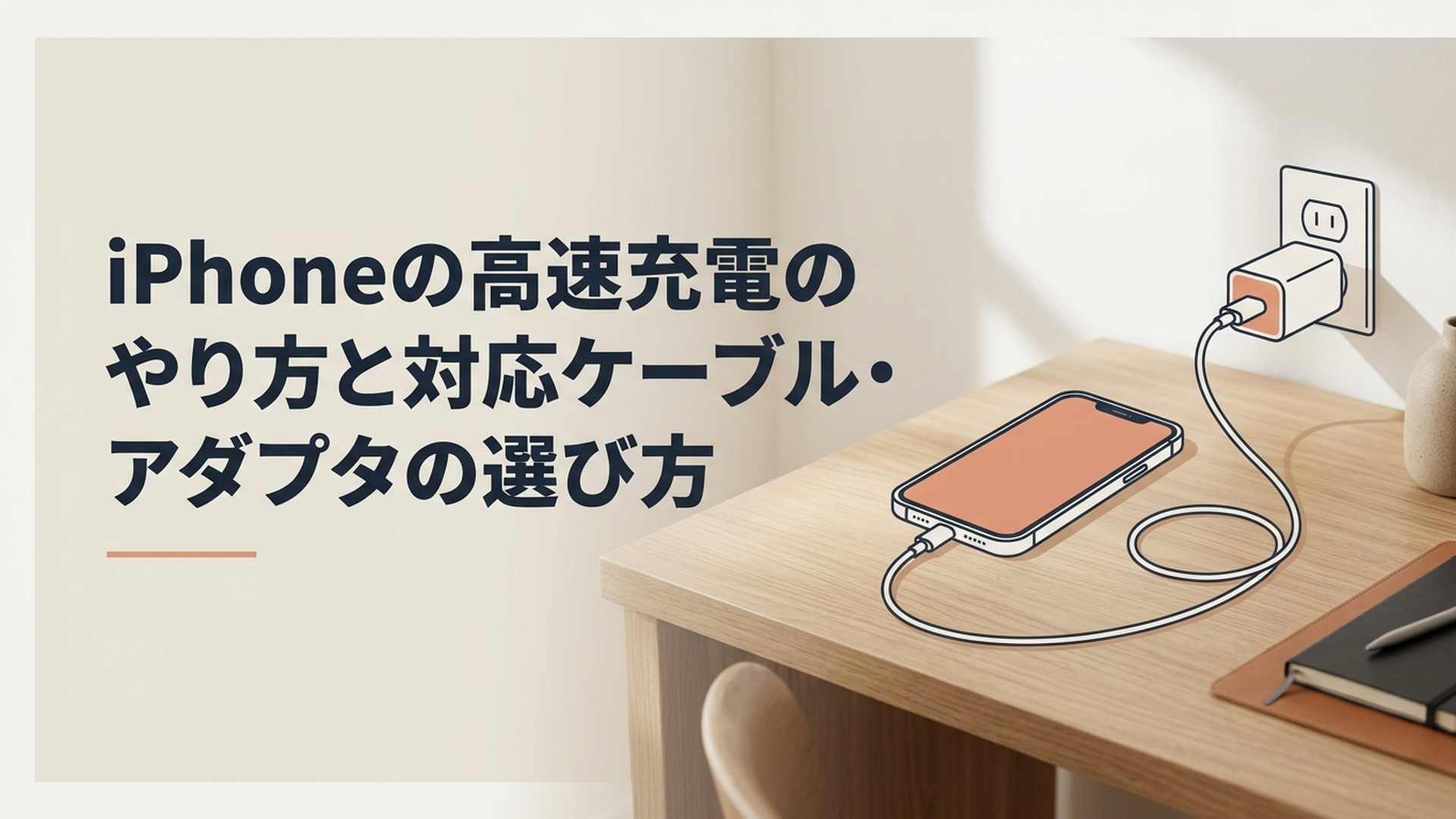 iPhoneをUSB-Cケーブルと電源アダプタにつないで高速充電している様子