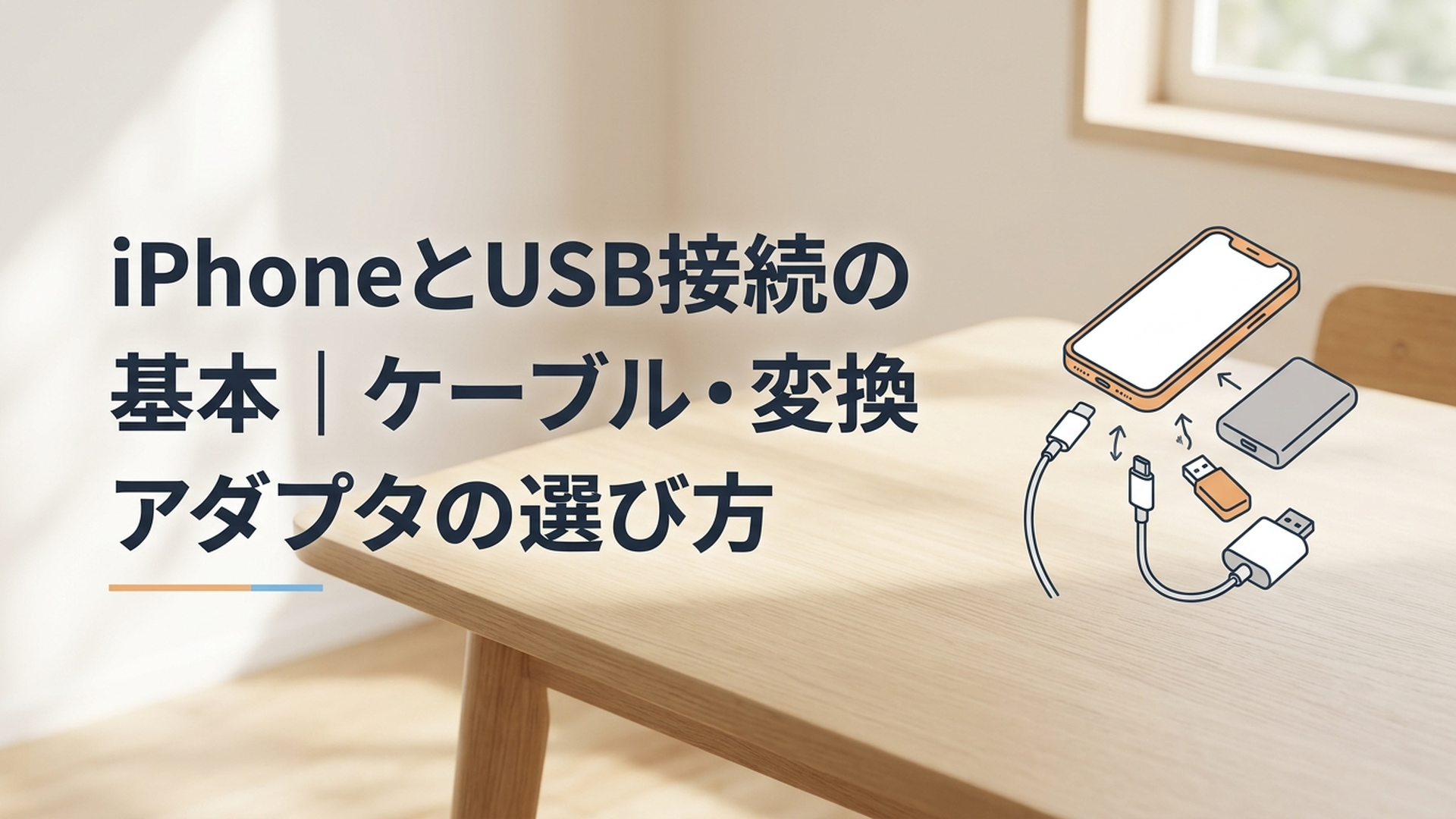 iPhoneにUSB-CケーブルやUSBメモリ、外付けSSD、変換アダプタを接続してデータを移す様子