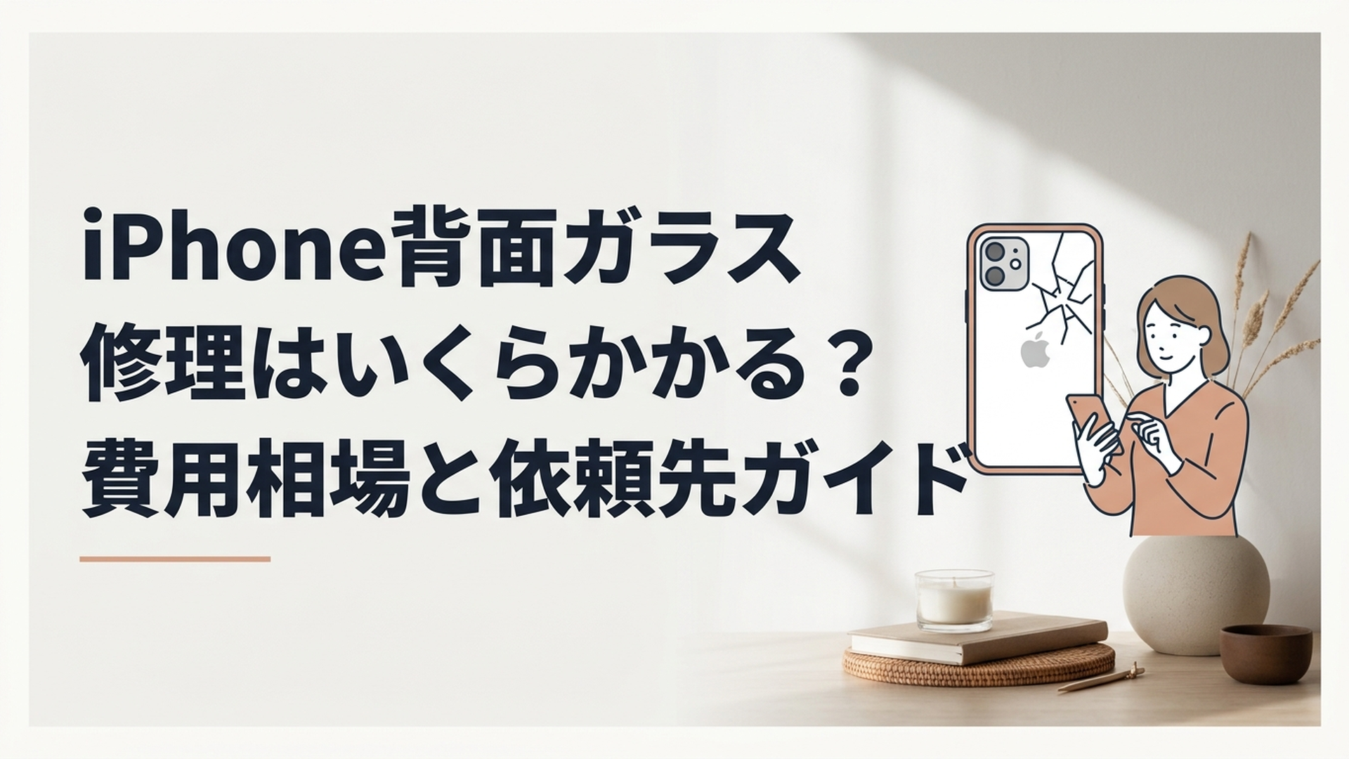 背面ガラスが割れたiPhoneと修理料金を確認する女性