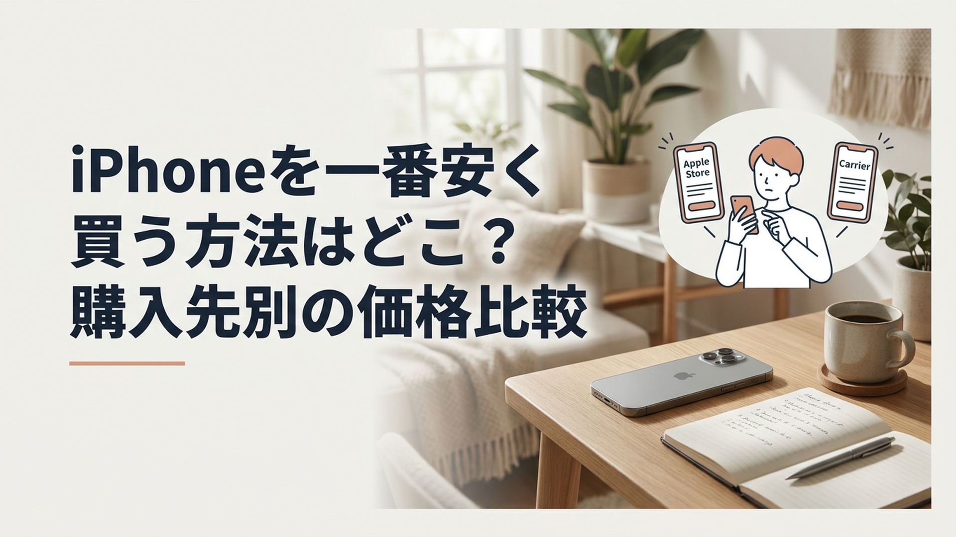 Apple Storeと携帯キャリアのiPhone価格を比較しながら購入先を選ぶ様子